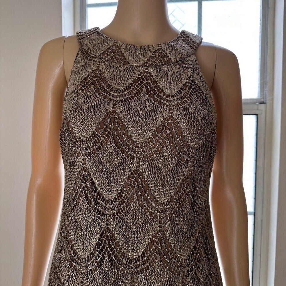 Dressbarn Shift Dress Size L/10 Shiny Brown Dark Lined Fringe Hem Sleeveless - Picture 4 of 15